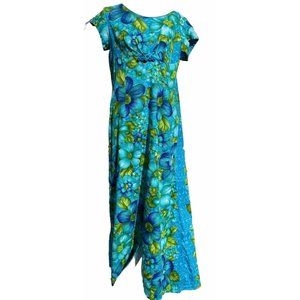 Vtg Rare 60s HAWAIIAN TOGS MuuMuu Maxi Dress MOD Turquoise Floral Tiki 16 XL HTF